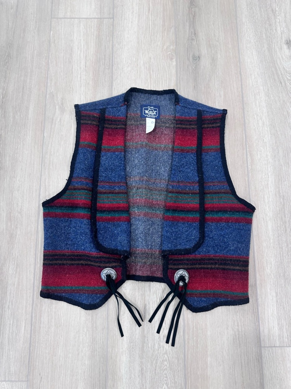 The Woolrich woman Aztec western vest blue red green black large vintage